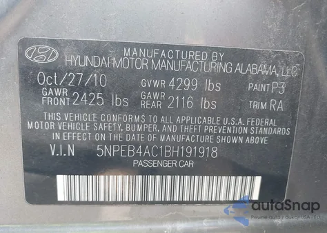 2011 Hyundai Sonata Gls from USA, damaged, VIN 5NPEB4AC1BH191918